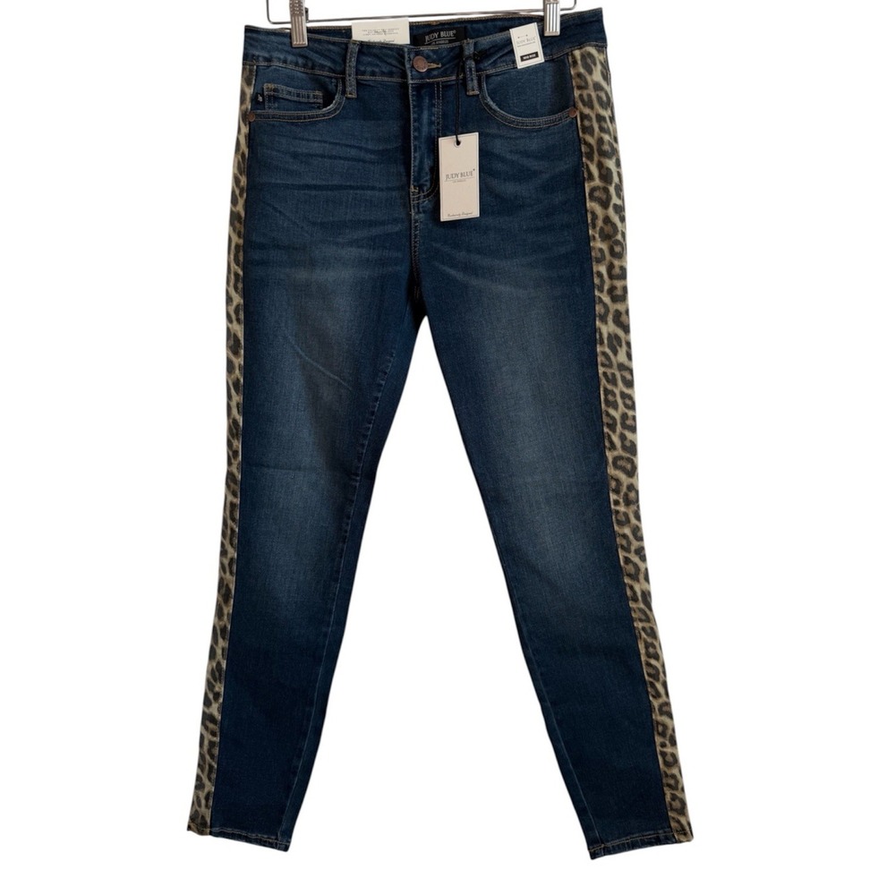 Judy Blue Leopard Side Stripe Skinny Jeans Y2K Indie Animal Print Sz 13/31 NWT